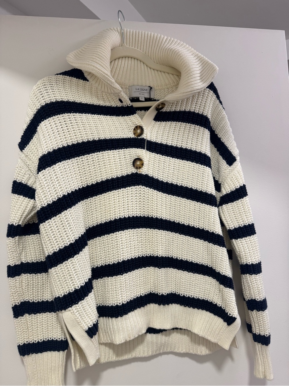 La Ligne Navy and Cream Striped Cowl-Neck Sweater